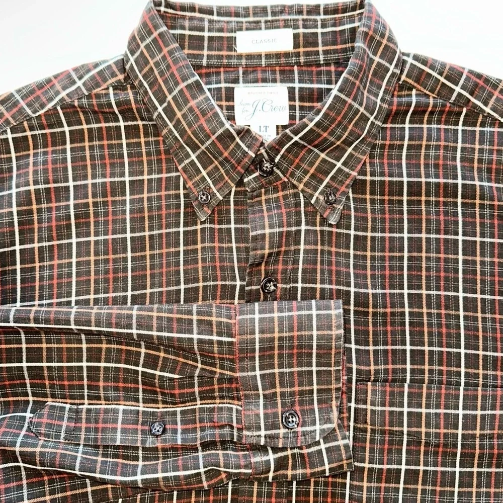 J. Crew Shirt Mens Cotton Brushed Twill Brown Plaid Button Down Shirt Sz L/Tall